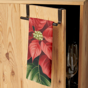 Red Grönt Poinsettia Holly Berry Blommigt jul Kökshandduk