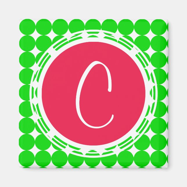 Red & Grönt Polka Dot Monogram Magnet (Framsidan)