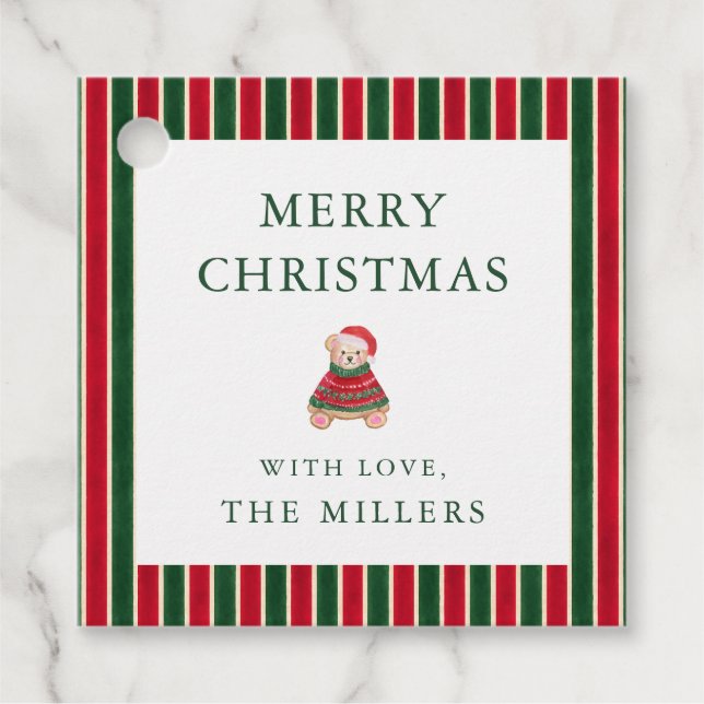 Red Grönt Rand Preppy Bear Juletiketters Gåvor Etiketter (Framsida)