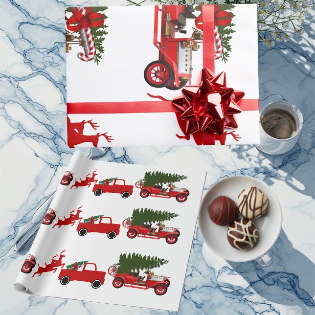 Red Grönt Retro Lastbil Reindeer jullast Presentpapper (Red Green Retro Truck Reindeer Christmas Cargo Wrapping Paper)