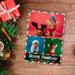 Red Grönt Retro Merry Woofmas Photo Collage Julkort<br><div class="desc">Hund-temat God jul-fotokort med rand i rosa, grönt, rött och vitt tillsammans med Merry Woofmas skrivet över tre foton av dig hund(er) i ett retro-groovy-teckensnitt i rött, rosa och grönt. Ät Woofmas! Det här rolig hund julkortet är perfektens sätt att skicka dina semesterhälsningar till vänner och familj. Med tre foton...</div>