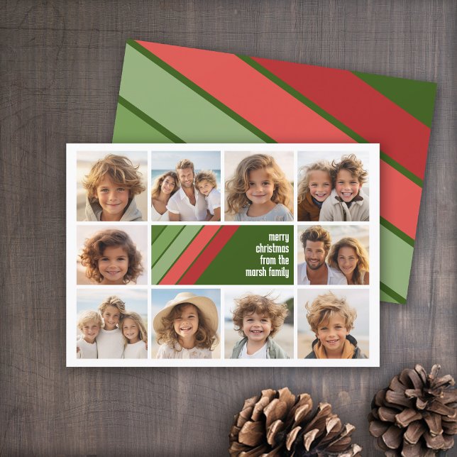 Red Grönt Retro Rand - 10 Photo Collage Julkort (Red and Green Retro Stripe Holiday Card - 10 Photo Template - Print and Download Options)