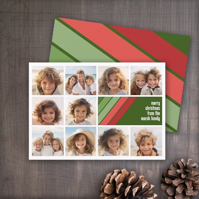 Red Grönt Retro Rand - 10 Photo Collage Julkort (Red and Green Retro Stripe Holiday Card - 10 Photo Template - Print and Download Options)