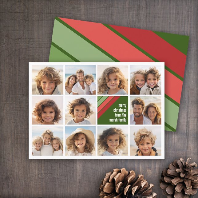 Red Grönt Retro Rand - 11 Photo Collage Julkort (Red and Green Retro Stripe Holiday Card - 11 Photo Template - Print and Download Options)