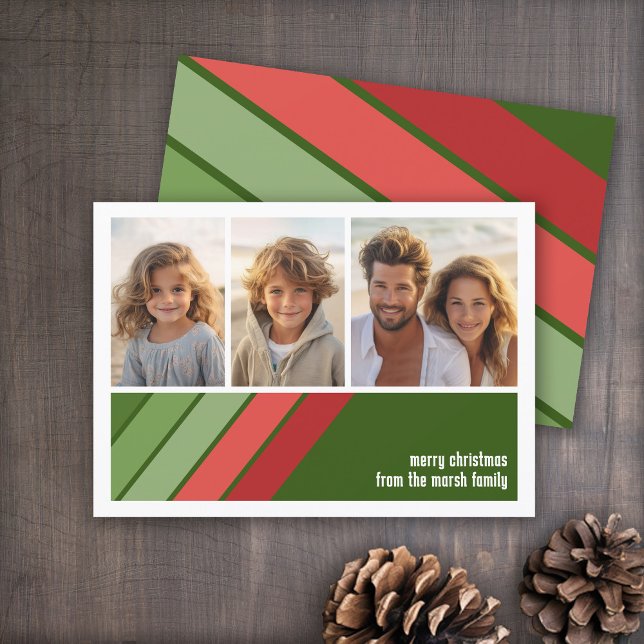 Red Grönt Retro Rand - 3 fotokollage Julkort (Red and Green Retro Stripe Holiday Card - 3 Photo Template - Print and Download Options)