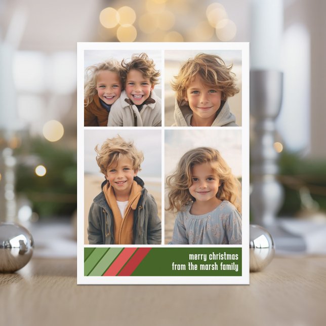 Red Grönt Retro Rand - 4 fotokollage Julkort (Red and Green Retro Stripe Holiday Card with an 4 Photo Collage template)