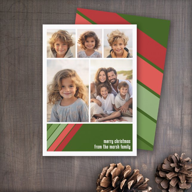 Red Grönt Retro Rand - 5 fotokollage Julkort (Red and Green Retro Stripe Holiday Card with an 5 Photo Collage template)