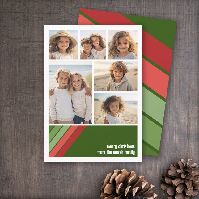 Red Grönt Retro Rand - 6 fotokollage Julkort (Red and Green Retro Stripe Holiday Card with an 6 Photo Collage template)