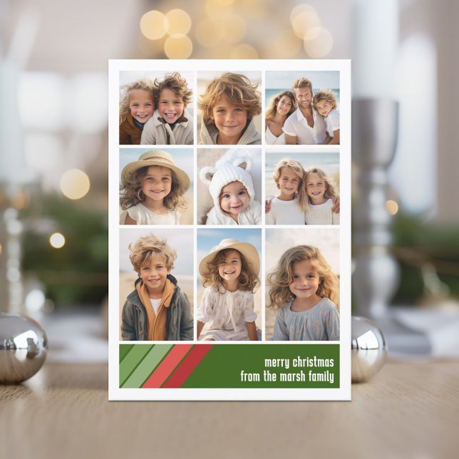 Red Grönt Retro Rand - 9 Fotokollage Julkort (Red and Green Retro Stripe Holiday Card with an 10 Photo Collage template)