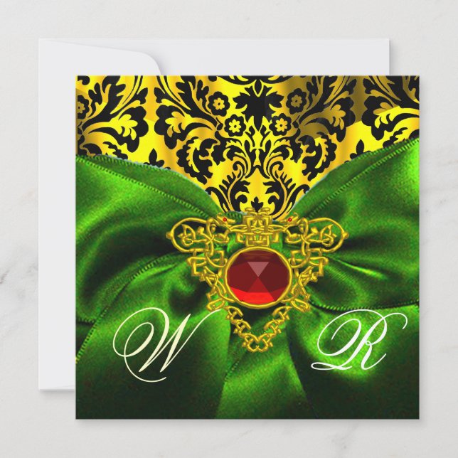 RED GRÖNT RIBBON GULD CELTIC HEART DAMASK MONOGRAM INBJUDNINGAR (Framsida)