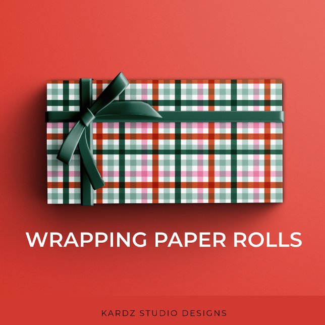 Red Grönt Rosa jul Gingham Presentpapper (Modern Gingham Christmas gift-wrapping roll, with pink, red, and green a trendy holiday pattern.)