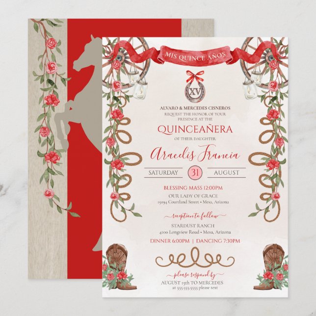 Red Grönt Rustic Boho Western Charra Quinceanera Inbjudningar (Fram/baksida)