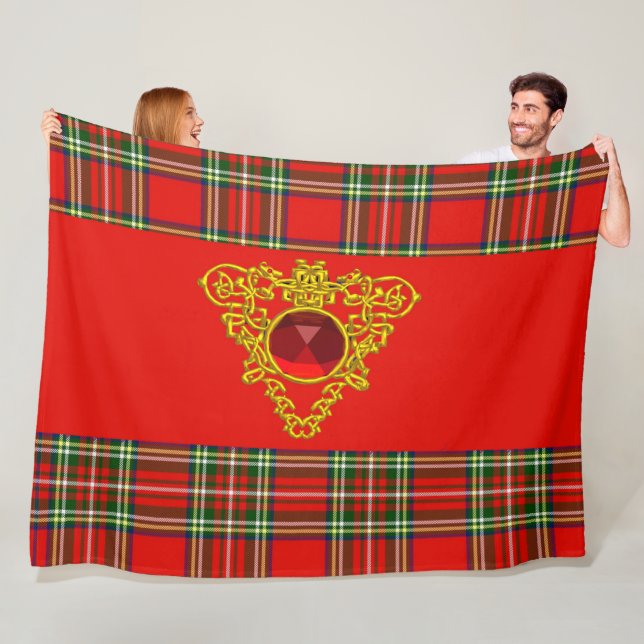 RED GRÖNT SCOTTISH TARTAN,GULD CELTIC KNOTS HEART FLEECEFILT (På plats)