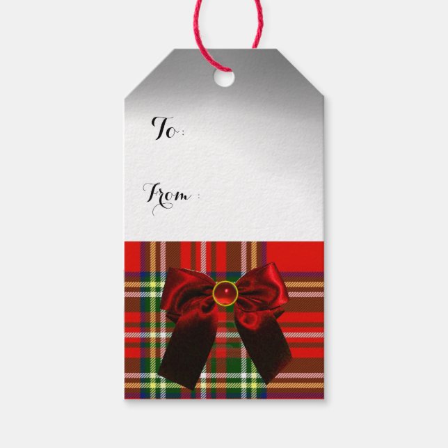 RED GRÖNT SCOTTISH TARTAN MED CHRISTMAS BOWS PRESENTETIKETT (Framsidan)
