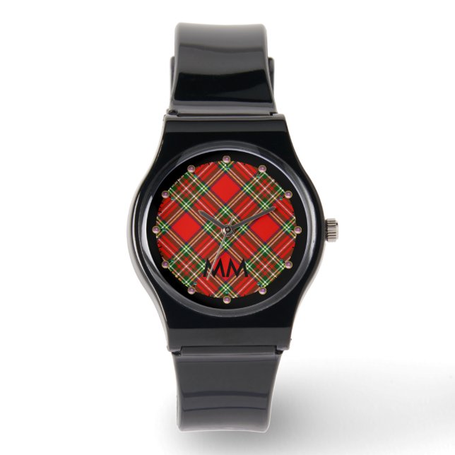 RED GRÖNT SCOTTISH TARTAN,ROSA GEMSTONES MONOGRAM ARMBANDSUR (Framsida)