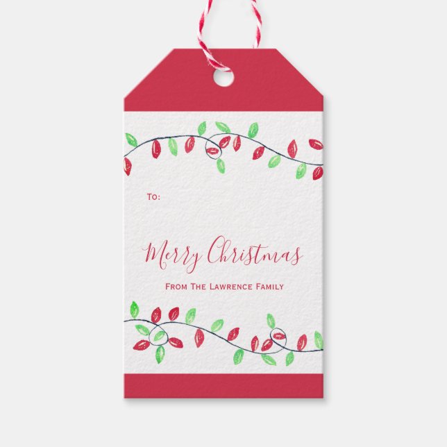 Red Grönt String Ljus jul Helgdag Presentetikett (Framsidan)