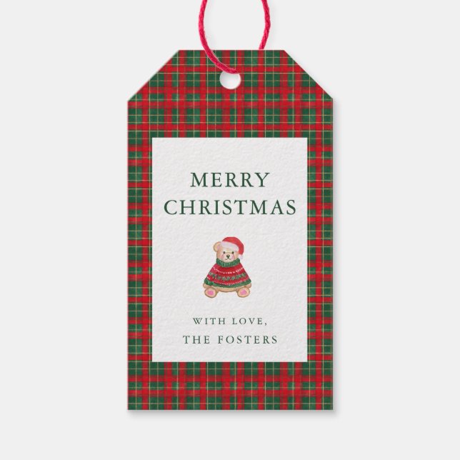 Red Grönt Tartan Play Teddy Juletiketter Presentetikett (Framsidan)