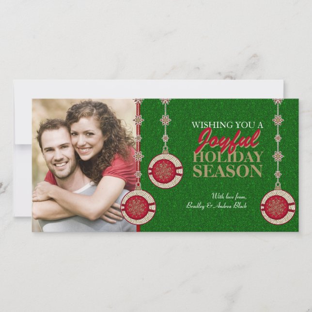 Red Grönt Träd Ornaments Julafton Fotokort Julkort (Framsida)