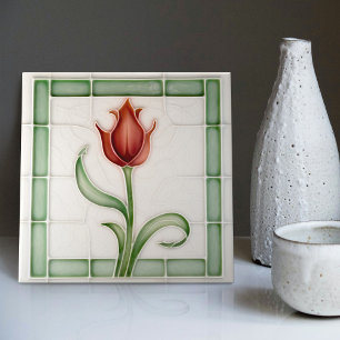 Red Grönt Tulip Wall Decor Nouveau Art Gibbons Kakelplatta