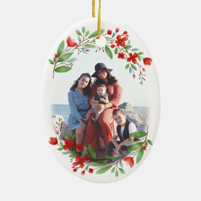 Red & Grönt Watercolor Blommigt Noël Photo jul Julgransprydnad Keramik (Baksidan)