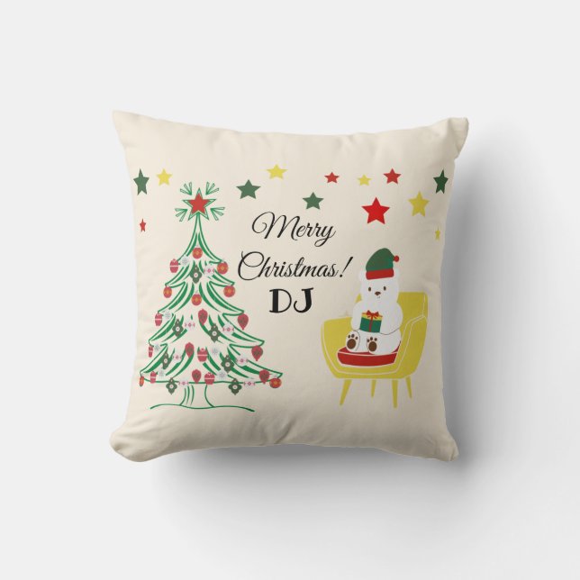 Red Grönt White Bear Träd Monogram God jul Kudde (Framsida)