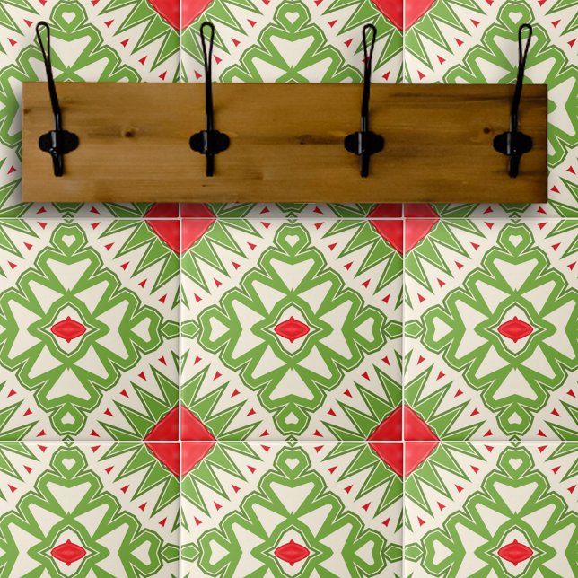 Red Grönt White Bohemian Geometric Mosaic Mönster Kakelplatta (Skapare uppladdad)