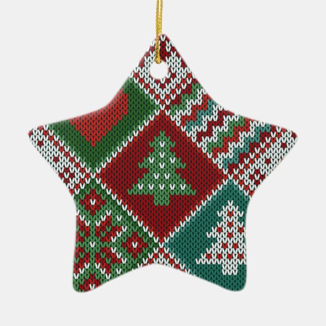 Red Grönt White Faux Sticka jul Mönster Julgransprydnad Keramik (Framsidan)
