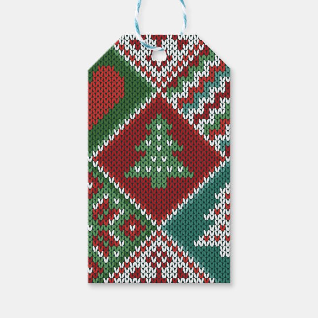 Red Grönt White Faux Sticka jul Mönster Presentetikett (Framsidan)