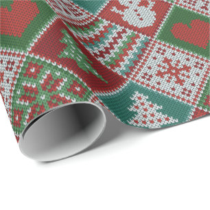 Red Grönt White Faux Sticka jul Mönster Presentpapper