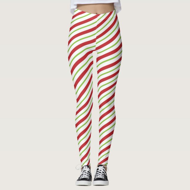 Red Grönt White Rand jul Mönster Leggings (Framsida)