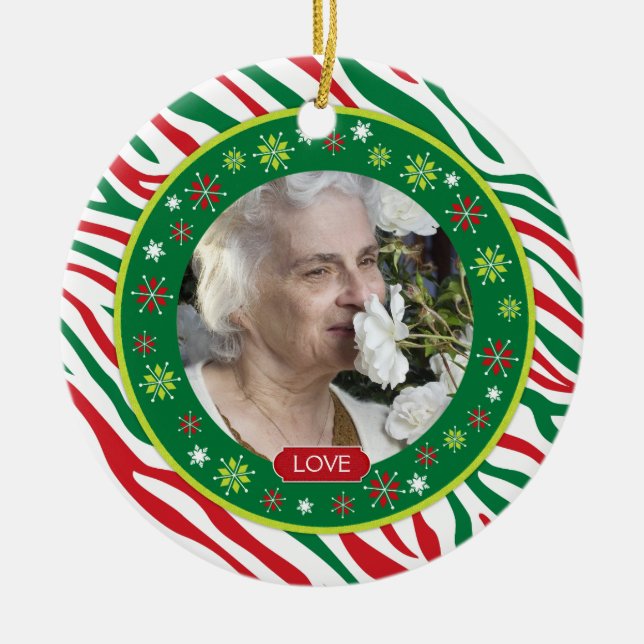 Red Grönt Zebra tryck Memorial Photo jul Julgransprydnad Keramik (Framsidan)