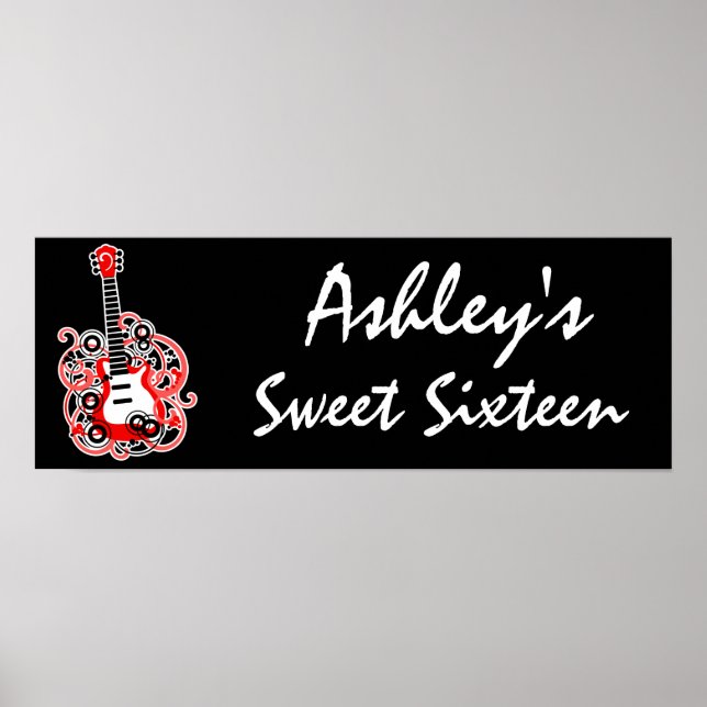 Red Guitar Rockstjärna Sweet 16 Banner Poster (Framsidan)