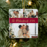 Red Guld 3 Family Photo Collage jul Julgransprydnad Keramik<br><div class="desc">Modern enkel Elegant Calligraphy Red och Guld 3 Family Photo Collage God jul Script Ceramic Ornament. Den här festliga, minimalistiska, viskösa tre foto-helgdag Ornament har ett söt-rutnätsfotokollage och Familj namn och år. Familjen namn är skriven i ett handskript med snabba bokstäver i guld på den röda färg-bakgrunden. På motsatt sida...</div>