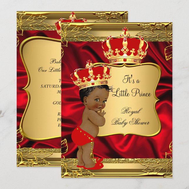 Red Guld African American Prince Baby Shower Inbjudningar (Fram/baksida)