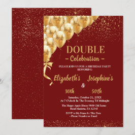 Red Guld Balloons glitter Dual Birthday Soiree Inbjudningar