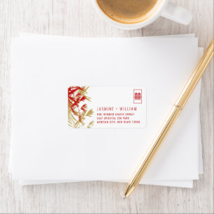 Red & Guld Bamboo Löv China Bröllop Adress Adressetikett