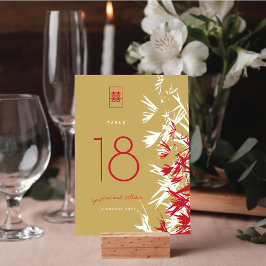 Red & Guld Bamboo Löv Dubbla Happity Bröllop Bordsnummer