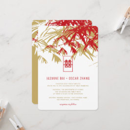 Red Guld Bamboo Löv Dubbla Xi Chinese Bröllop Inbjudningar