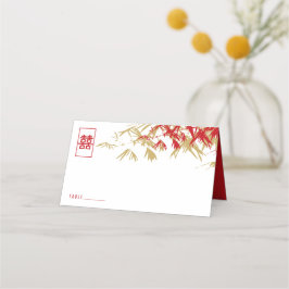 Red & Guld Bamboo Löv Dubbla Xi Chinese Bröllop Placeringskort