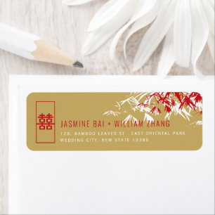 Red & Guld Bamboo Löv Zen Asian Bröllop Adress Returadress Etikett