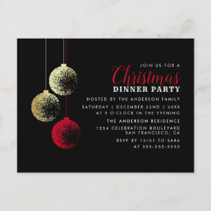 Red & Guld Baubles Elegant Jul Dinner Party Inbjudan Vykort