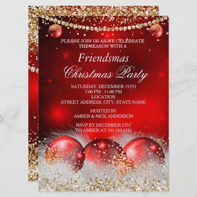 Red Guld Baubles Friendsmas jul Party Inbjudningar (Fram/baksida)