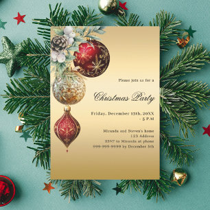 Red guld baubles greenery jul Party Inbjudningar