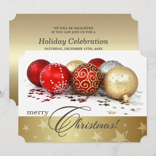 Red Guld Baubles-inbjudan till julfest Inbjudningar (Fram/baksida)