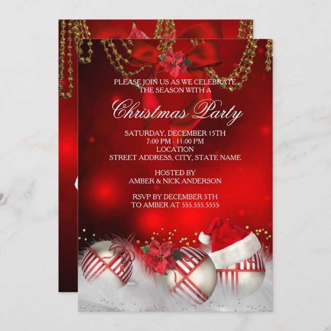 Red Guld Baubles Santa Hat jul Party Inbjudningar (Fram/baksida)