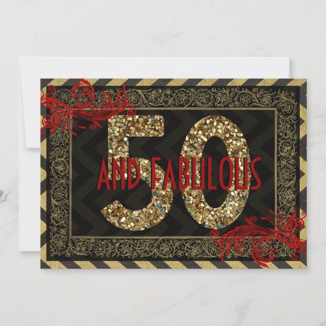Red Guld & Black Art Deco 50:e födelsedagen Inbjud Inbjudningar (Framsida)