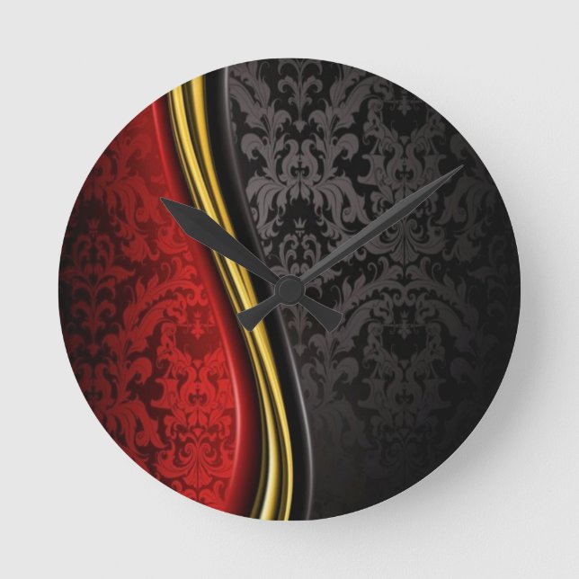 RED GULD & BLACK BAROQUE MÖNSTER WALL CLOCK RUND KLOCKA (Framsida)
