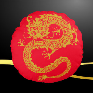 Red, Guld & Black, Chinese Dragon Zodiac Rund Kudde