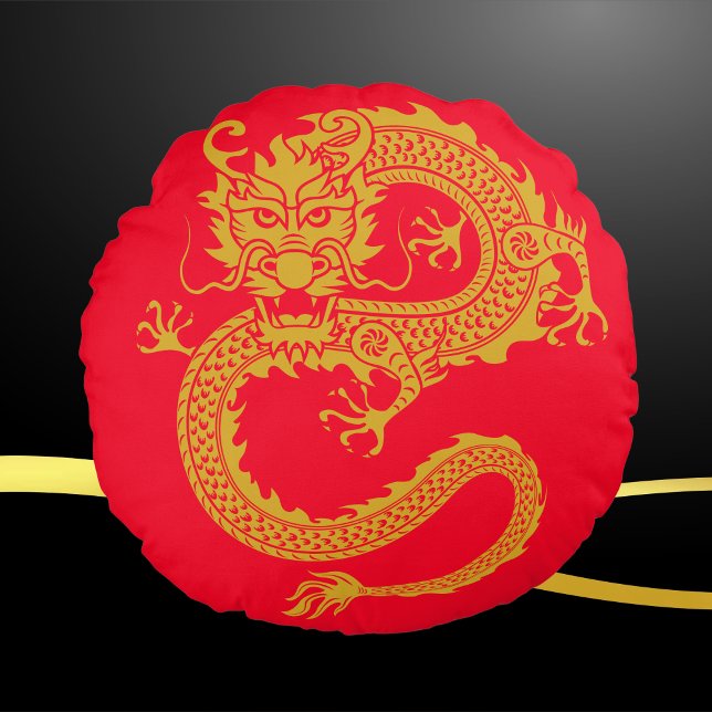 Red, Guld & Black, Chinese Dragon Zodiac | Rund Kudde (Skapare uppladdad)