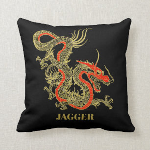 Red Guld Black Fantasy Chinese Dragon Kudde